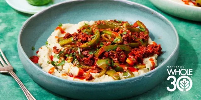 Plant-Based Chorizo Stir-Fry Over Cauliflower Grits Recipe Hero