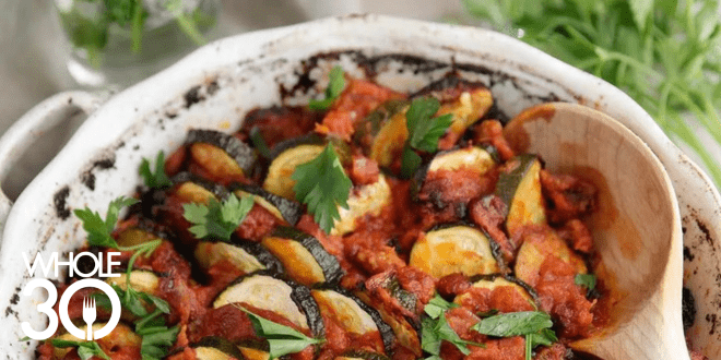 Whole30 Zucchini Tomato and Sausage Casserole Blog Round up Image