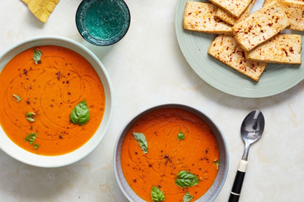 Roasted Tomato Soup with Tofu Toast