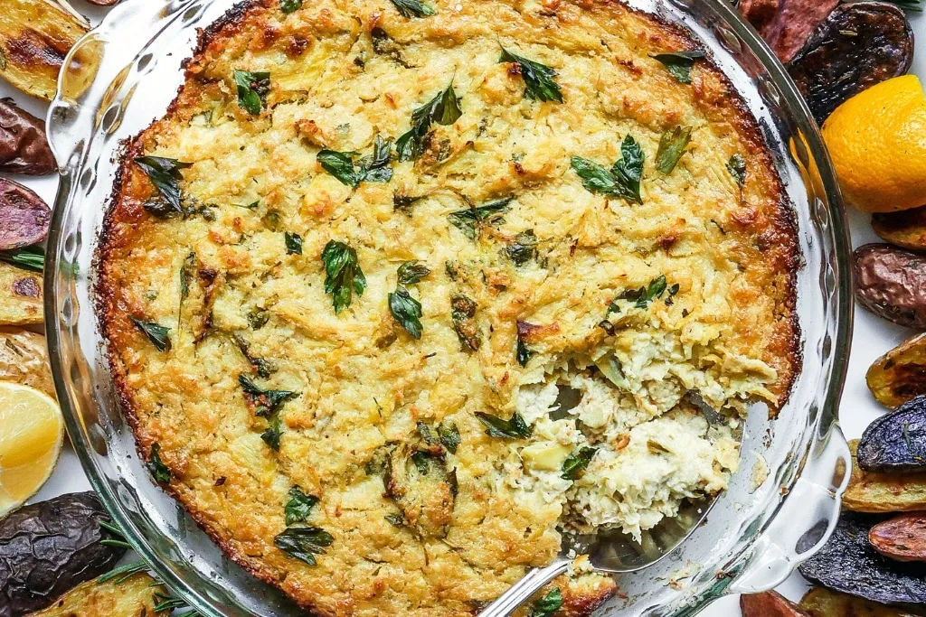 Hot Artichoke Parsley Dip with Roasted Fingerling Dippers