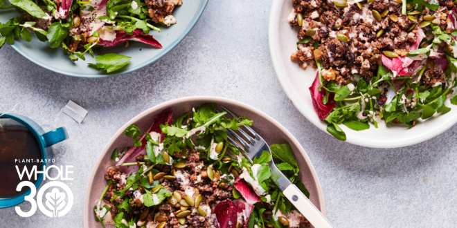 Plant-Based Whole30 Smoky Cauliflower Walnut and Black Bean Crumble with Greens