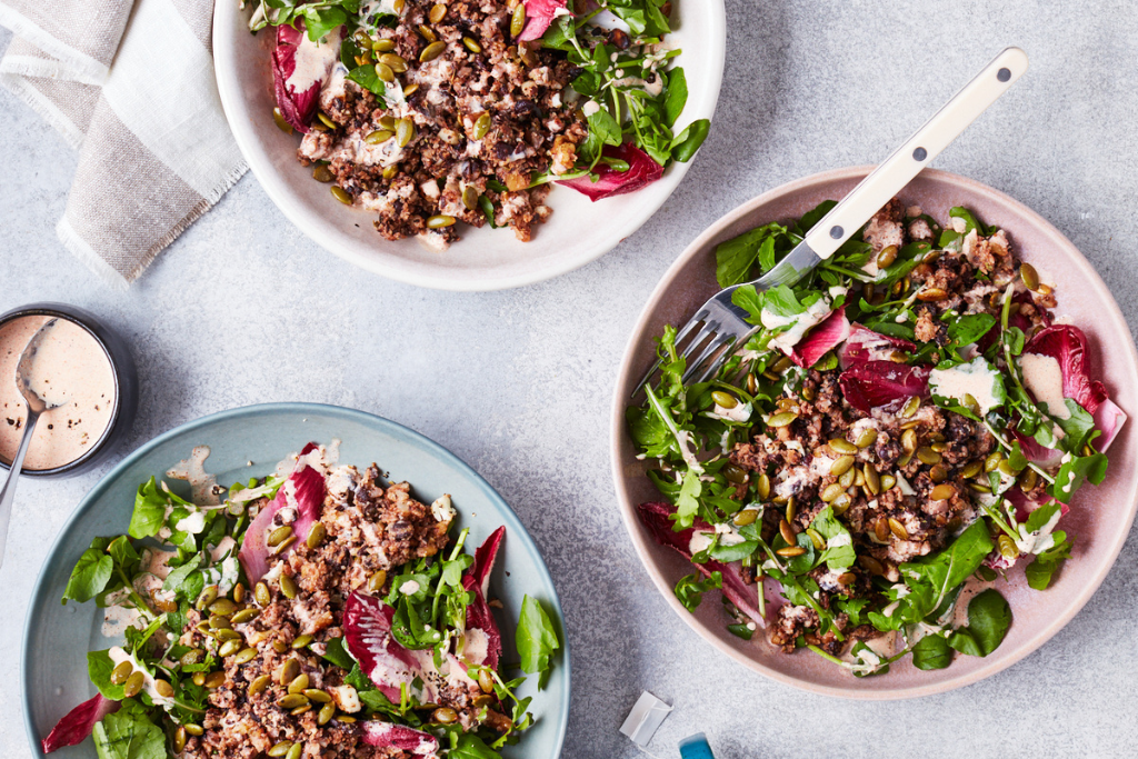 Smoky Cauliflower, Walnut, and Black Bean Crumble with Greens