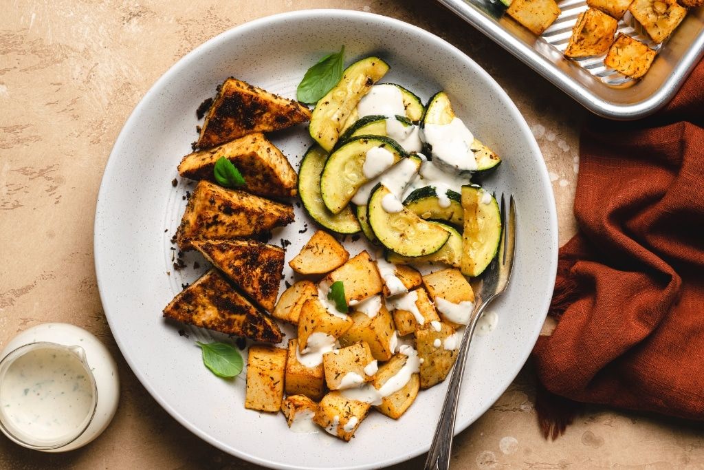 Tofu Sheet Pan Meal with Garlic Herb Tahini 