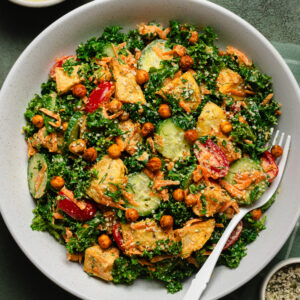 Roasted potato and chickpea kale salad