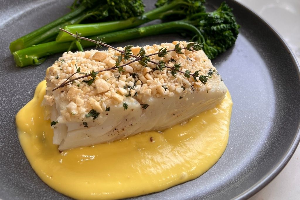 Cashew Crusted Halibut with Mango Butter Sauce