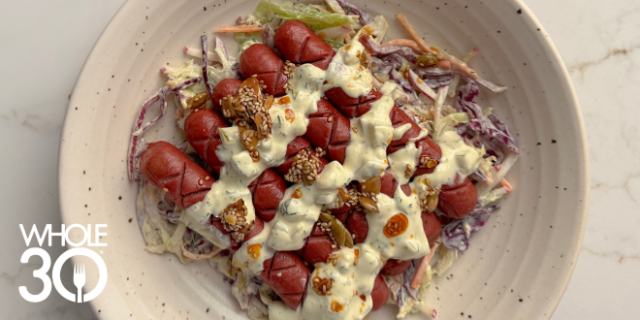 Whole30 Hot Dogs with Crunchy Dill Pickle Slaw Blog Hero
