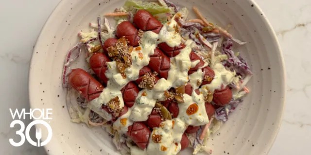 Whole30 Hot Dogs with Crunchy Dill Pickle Slaw Blog Hero