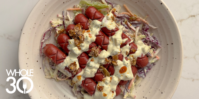 Whole30 Hot Dogs with Crunchy Dill Pickle Slaw Blog Hero