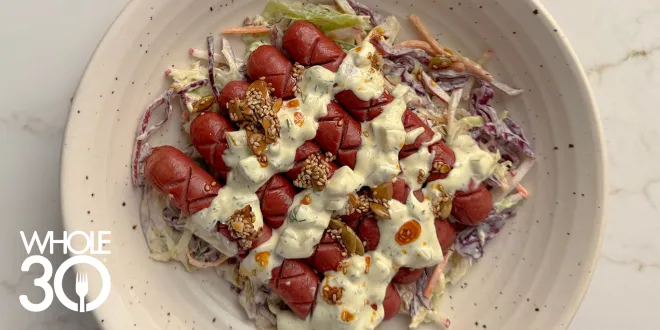 Whole30 Hot Dogs with Crunchy Dill Pickle Slaw Blog Hero