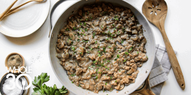 Overhead shot of Beef Stroganoff, a Whole30 Beef Skillet Recipe