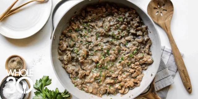 Overhead shot of Beef Stroganoff, a Whole30 Beef Skillet Recipe