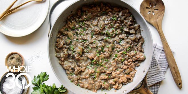 Overhead shot of Beef Stroganoff, a Whole30 Beef Skillet Recipe