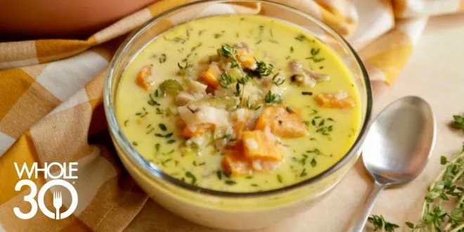 Whole30 Creamy Chicken and Cauliflower Rice Soup Blog Hero