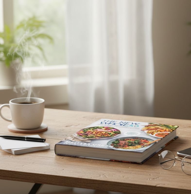 A desk with The New Whole30 book, a steaming coffee mug, with a plant and curtains in the background.