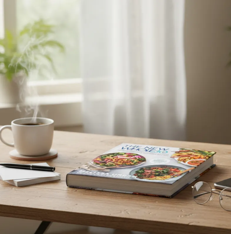 A desk with The New Whole30 book, a steaming coffee mug, with a plant and curtains in the background.