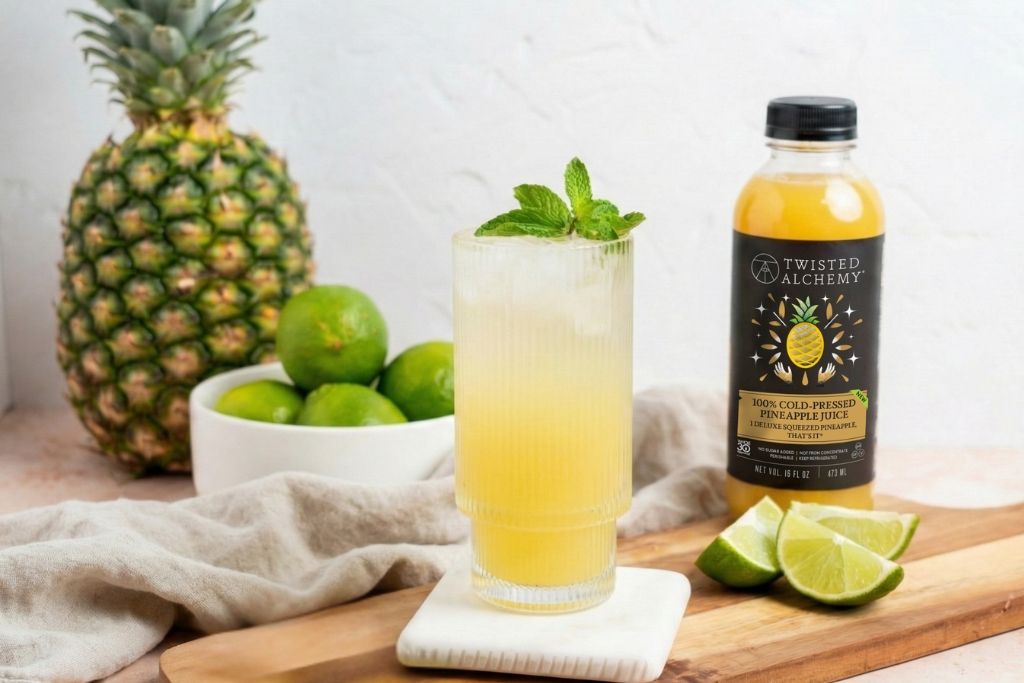 Pineapple Lime Refresher on wooden cutting board with Pineapple Juice bottle, pineapple and limes