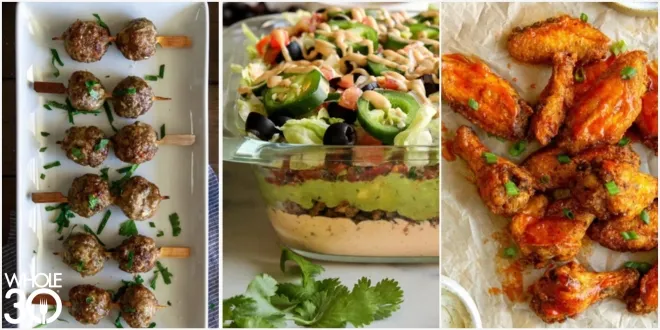 Whole30 Big Game Roundup - meatball skewers, seven layer dip, and buffalo chicken wings