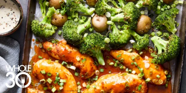 Sheet Pan Buffalo Chicken, Broccoli, and Baby Yukons