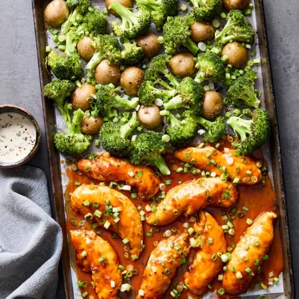 Sheet Pan Buffalo Chicken, Broccoli, and Baby Yukons