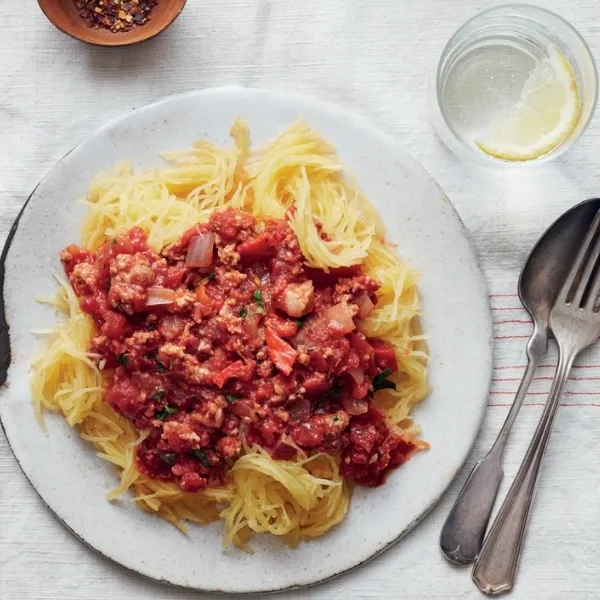 Spaghetti Squash with Sausage Arrabbiata Sauce