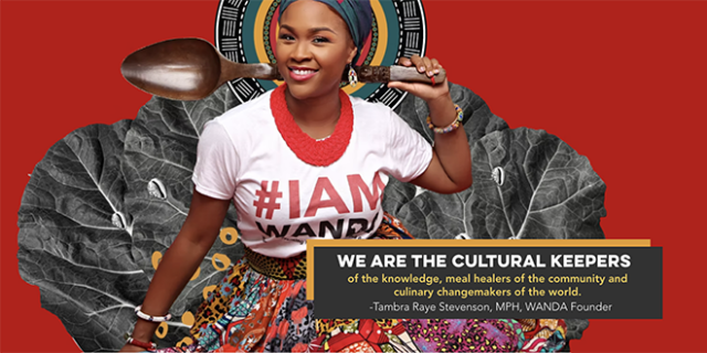 A colorful image featuring a Black woman in a colorful skirt, head wrap, and a t-shirt that says "I am WANDA."