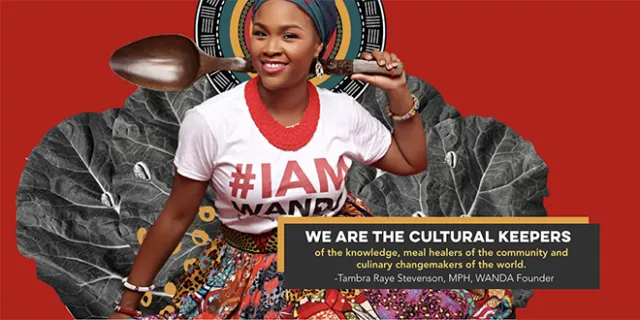 A colorful image featuring a Black woman in a colorful skirt, head wrap, and a t-shirt that says "I am WANDA."