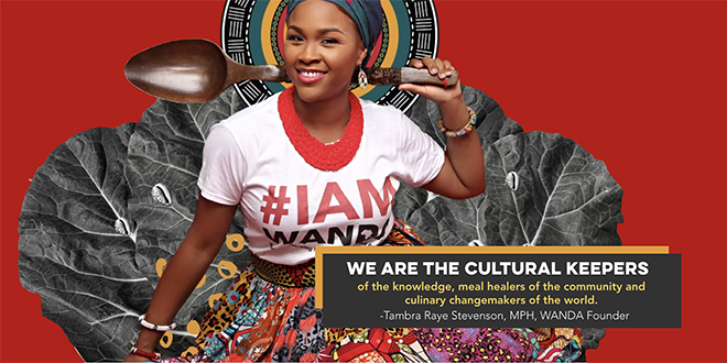 A colorful image featuring a Black woman in a colorful skirt, head wrap, and a t-shirt that says "I am WANDA."